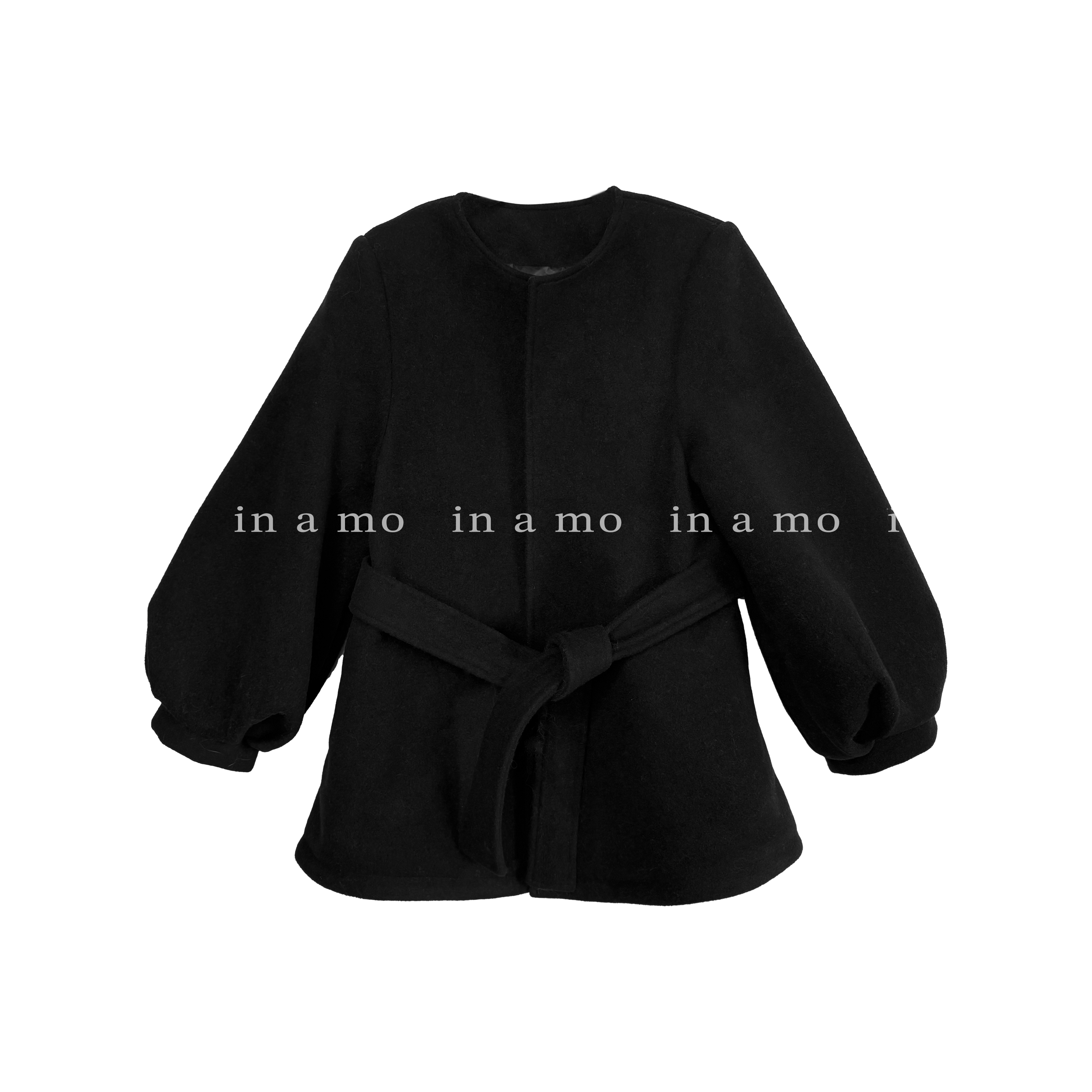 in a mo【羊毛羽绒大衣】大牌百搭黑色呢泡泡袖系带短款圆领冬季