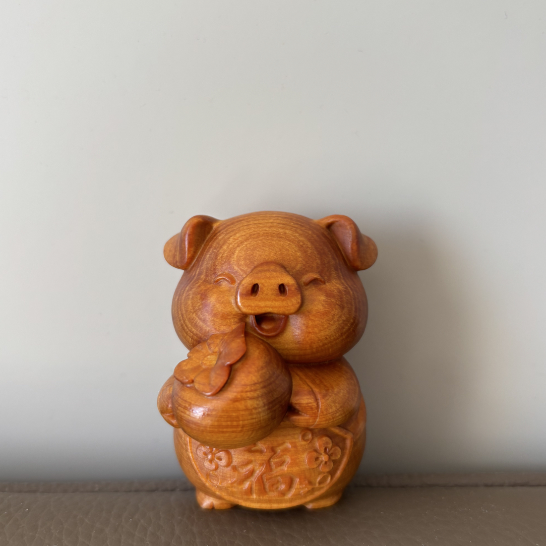 天然崖柏木雕招财福气猪猪柿有福诸事顺利手把件摆件工艺品生肖猪