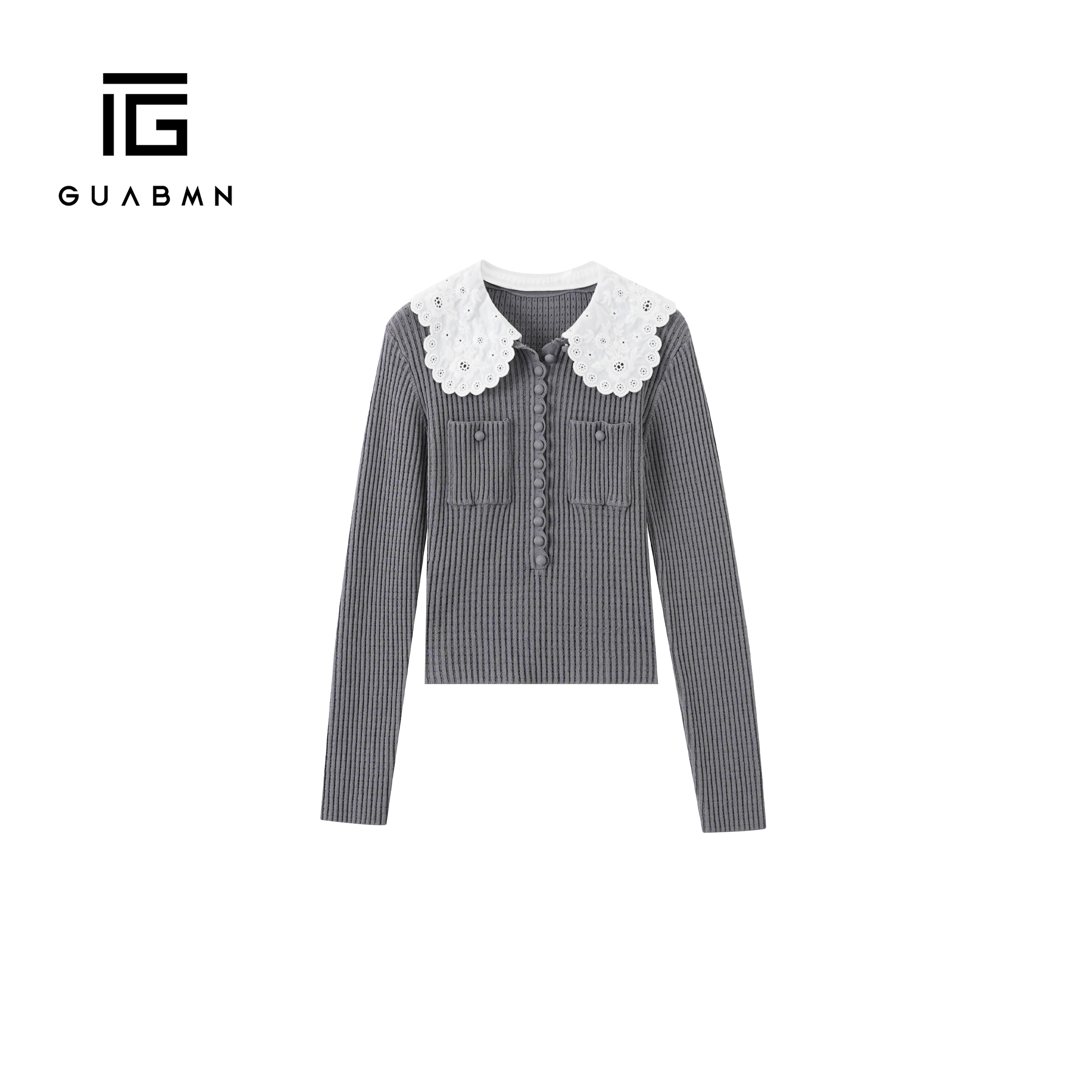 GUABMN2026春季新款蕾丝领打底毛衫开衫爱心勾花设计针织毛衣6137