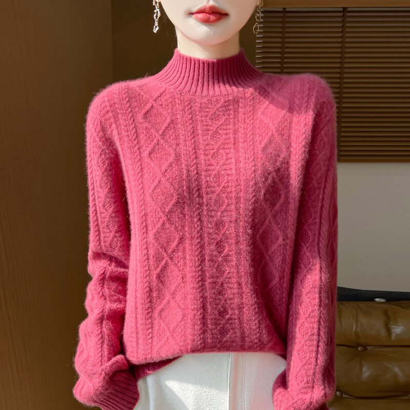 新款100羊毛衫提花针织毛衣时尚百搭女士宽松半高领加厚纯色秋冬