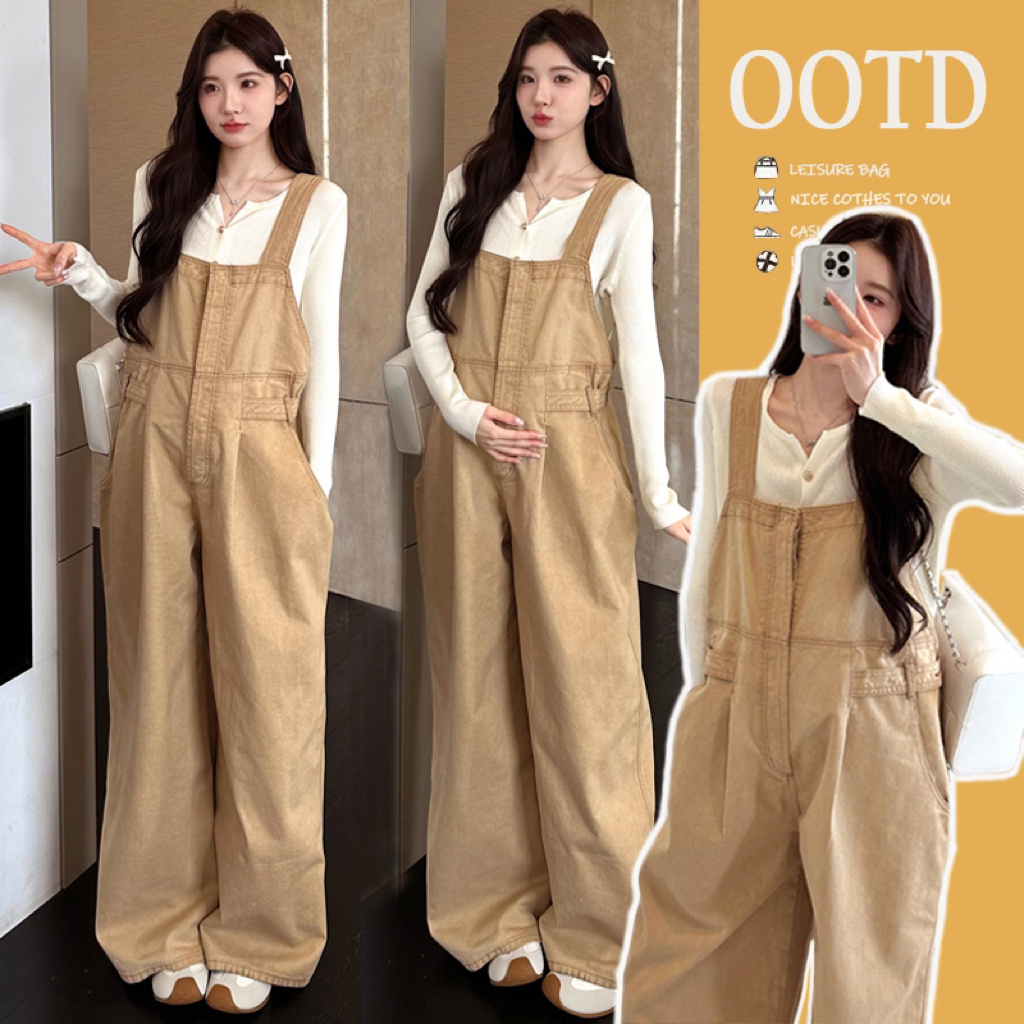 孕妇装秋季套装重工水洗牛仔韩版休闲阔腿背带裤+针织上衣两件套