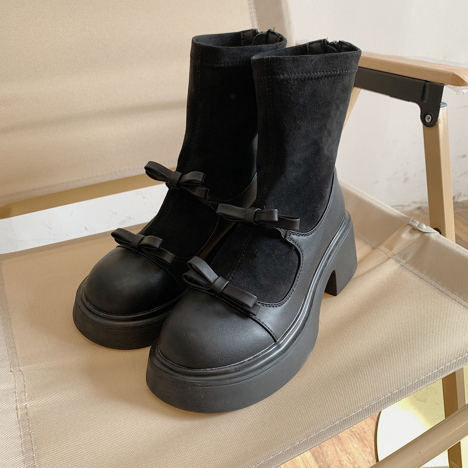 C5039厚底粗跟蝴蝶结玛丽珍袜靴