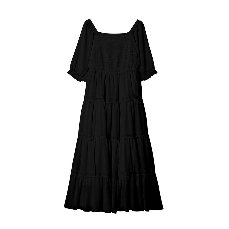 松紧腰泡泡袖方领夏季法式连衣裙女装中长款显瘦黑色小黑裙