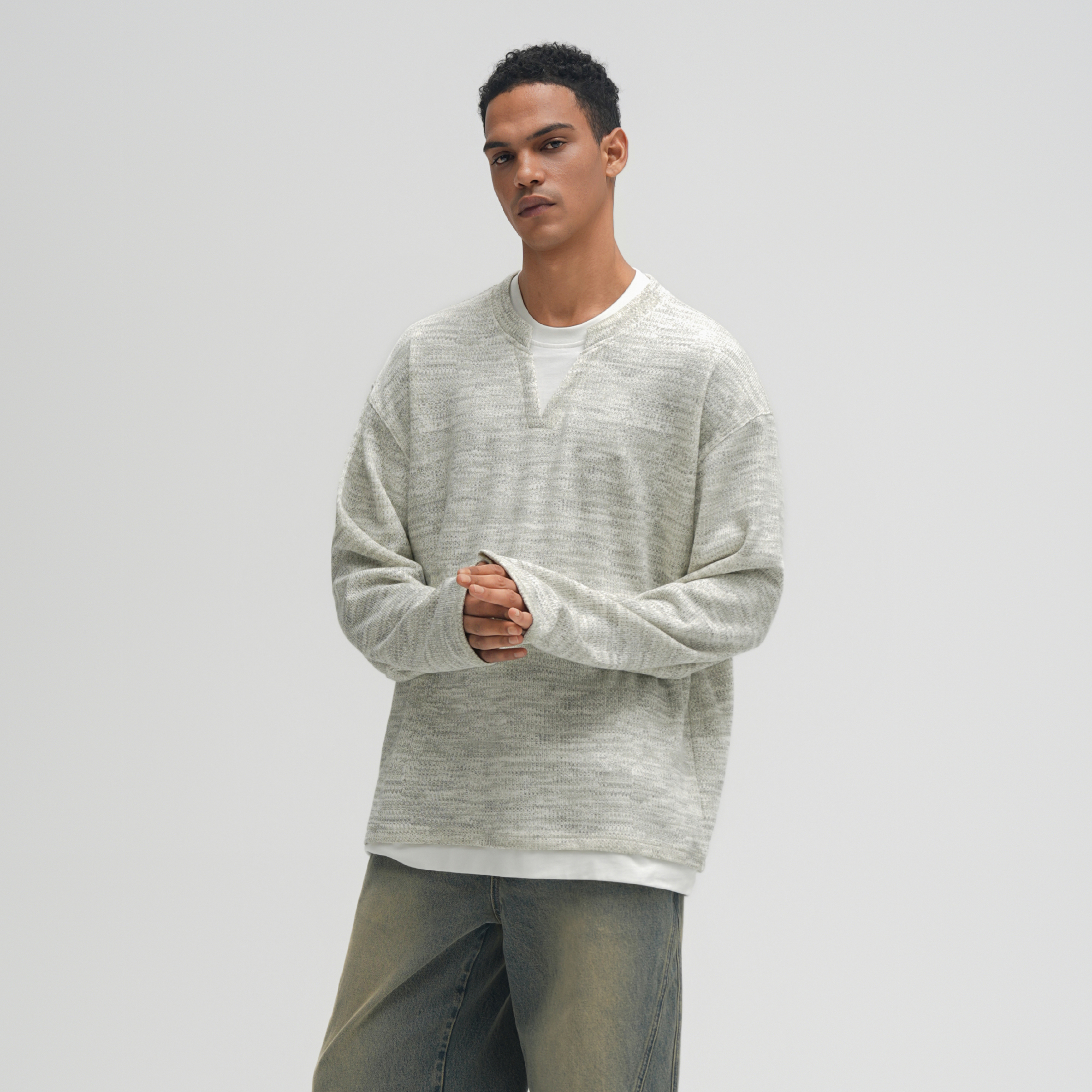 BDPOWERUP肌理感长袖T恤男2025秋季新款V领假两件美式复古打底衫