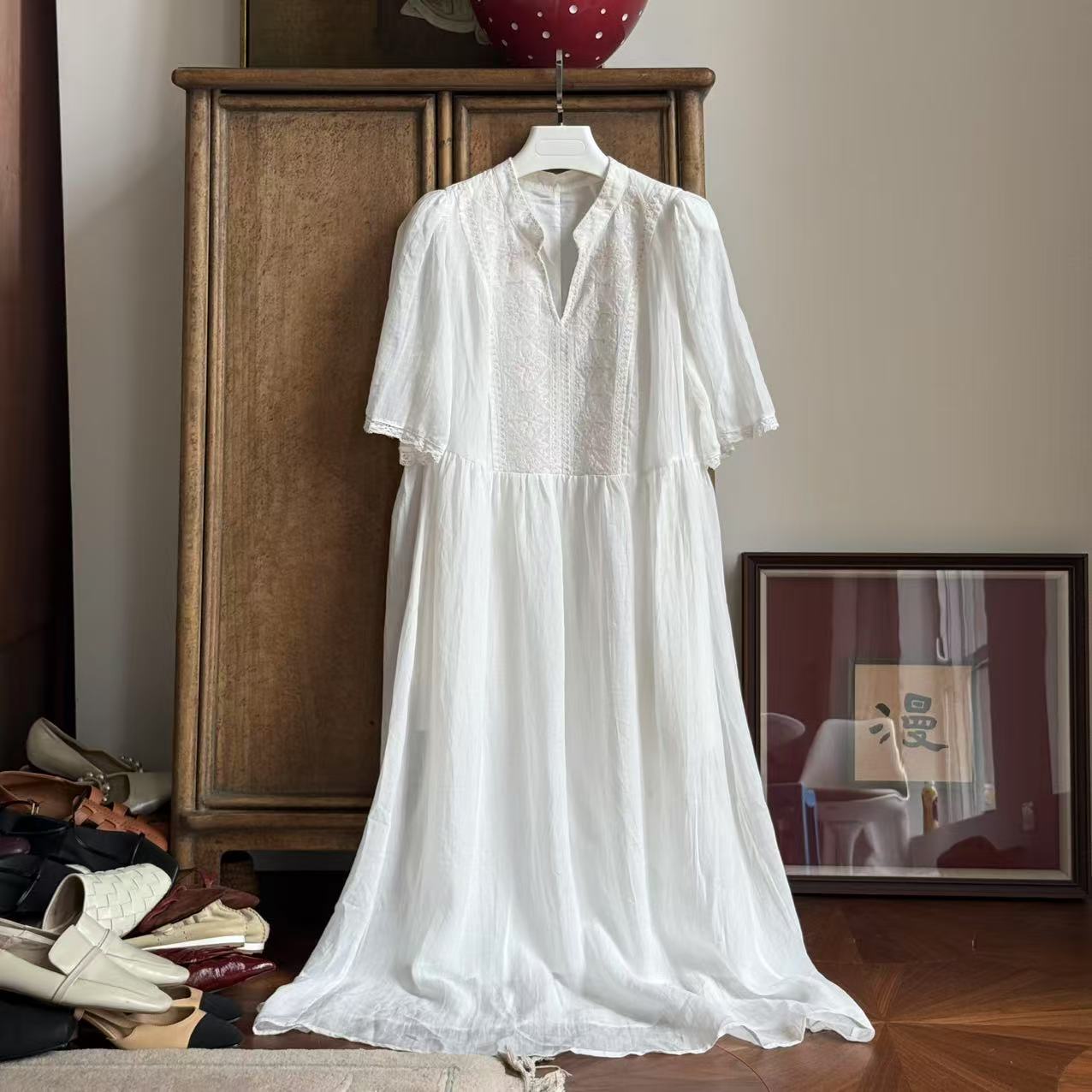 MYL 2025年夏季新款苎麻混纺白色连衣裙短袖V领蕾丝百搭连衣长裙