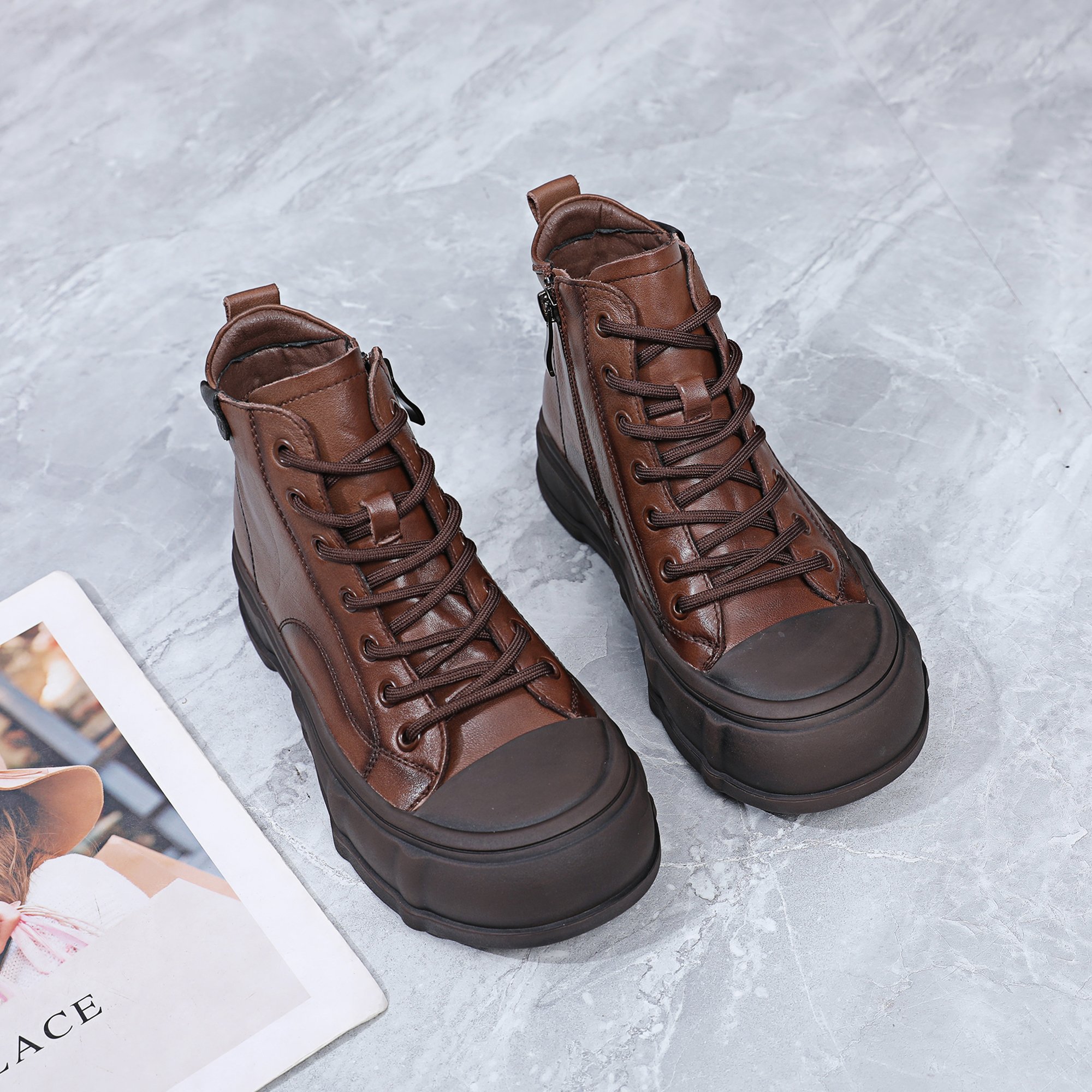 50D6002-3休闲百搭真皮复古文艺圆头软底高帮短靴