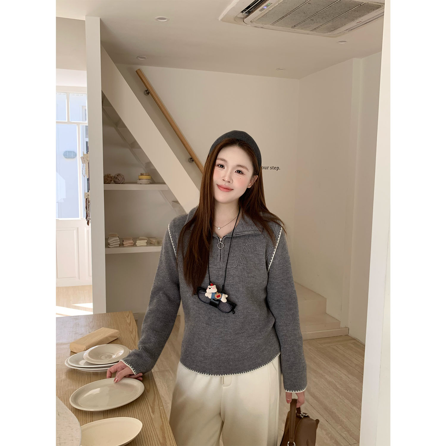 现货大婉酱千千微胖定制 半拉链翻领撞色针织衫秋冬百搭上衣1269X