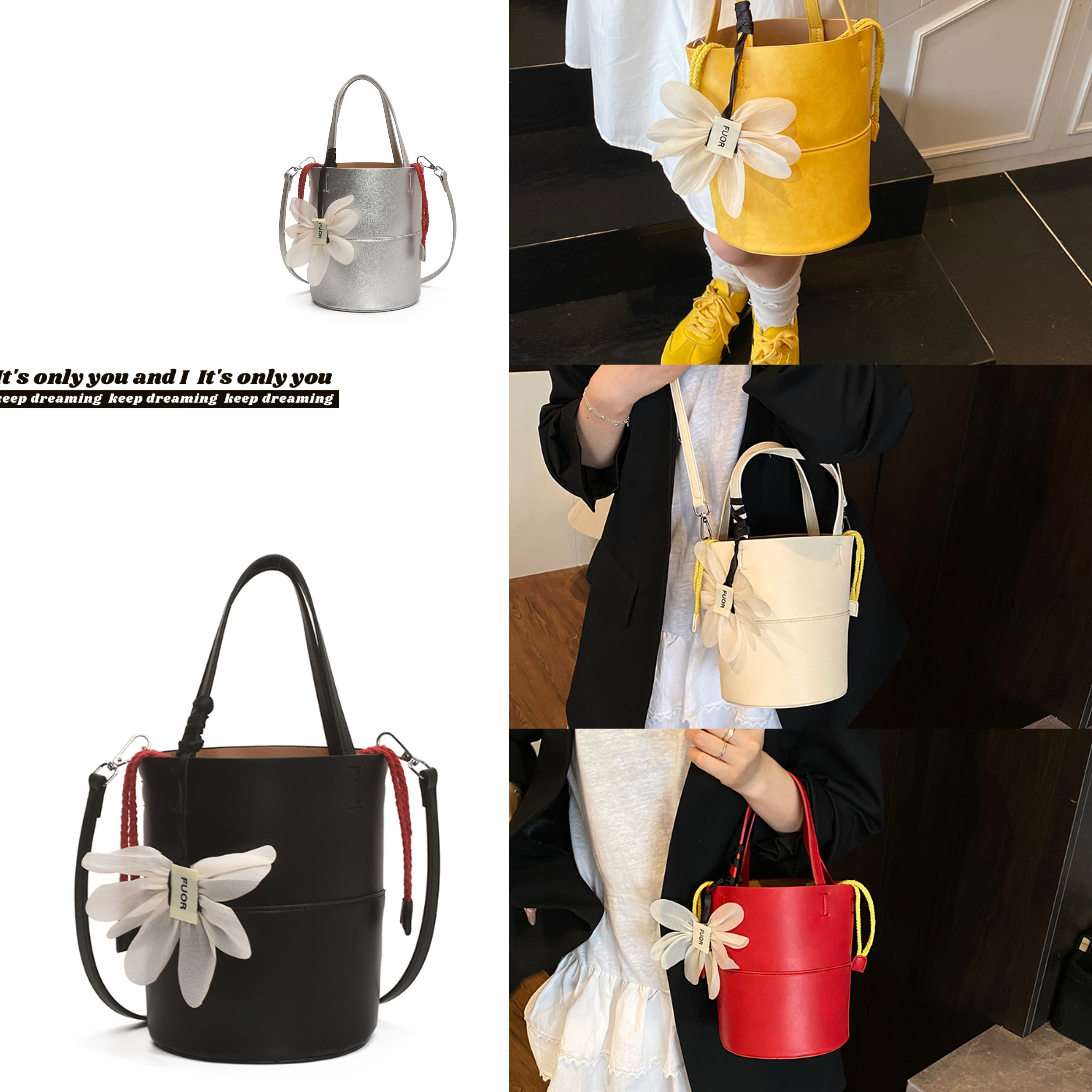 可彼娜韩版小众设计花朵挂饰手提水桶包女新款软皮单肩斜挎包8031