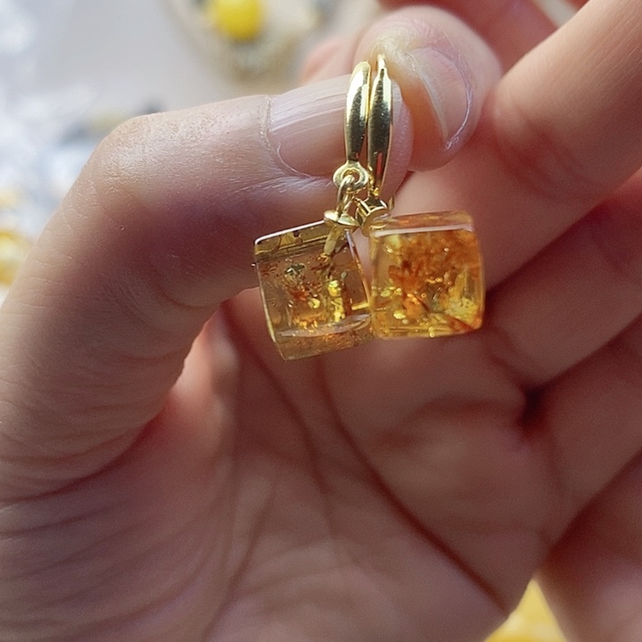 银S925镶嵌琥珀（花珀）耳饰花珀耳坠