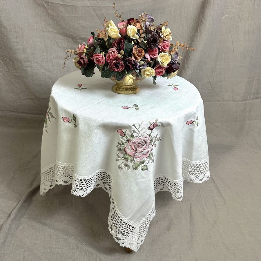 十字绣玫瑰美式布艺桌布茶几盖布洗衣机电视防尘布多功能方巾