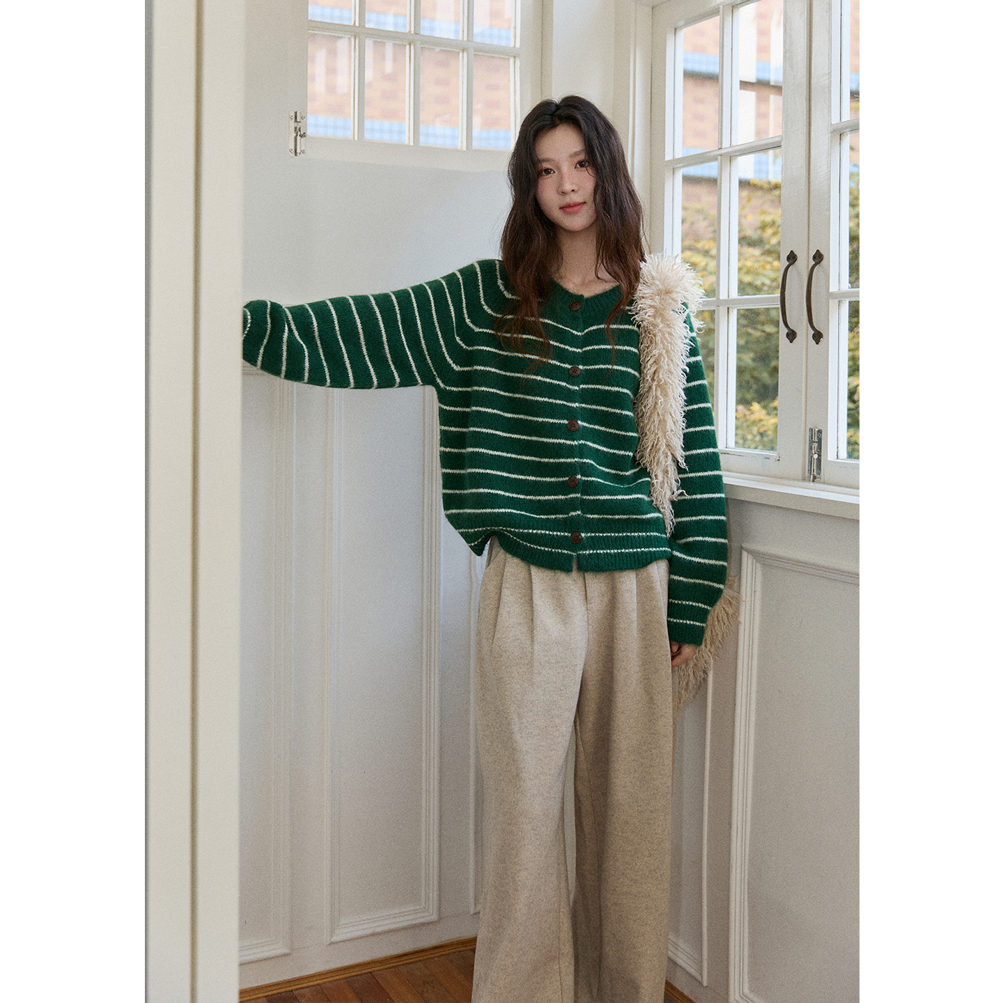 【艾美专属】谜秀绿条纹针织开衫宽松复古慵懒风毛衣外套MXE86Z2735