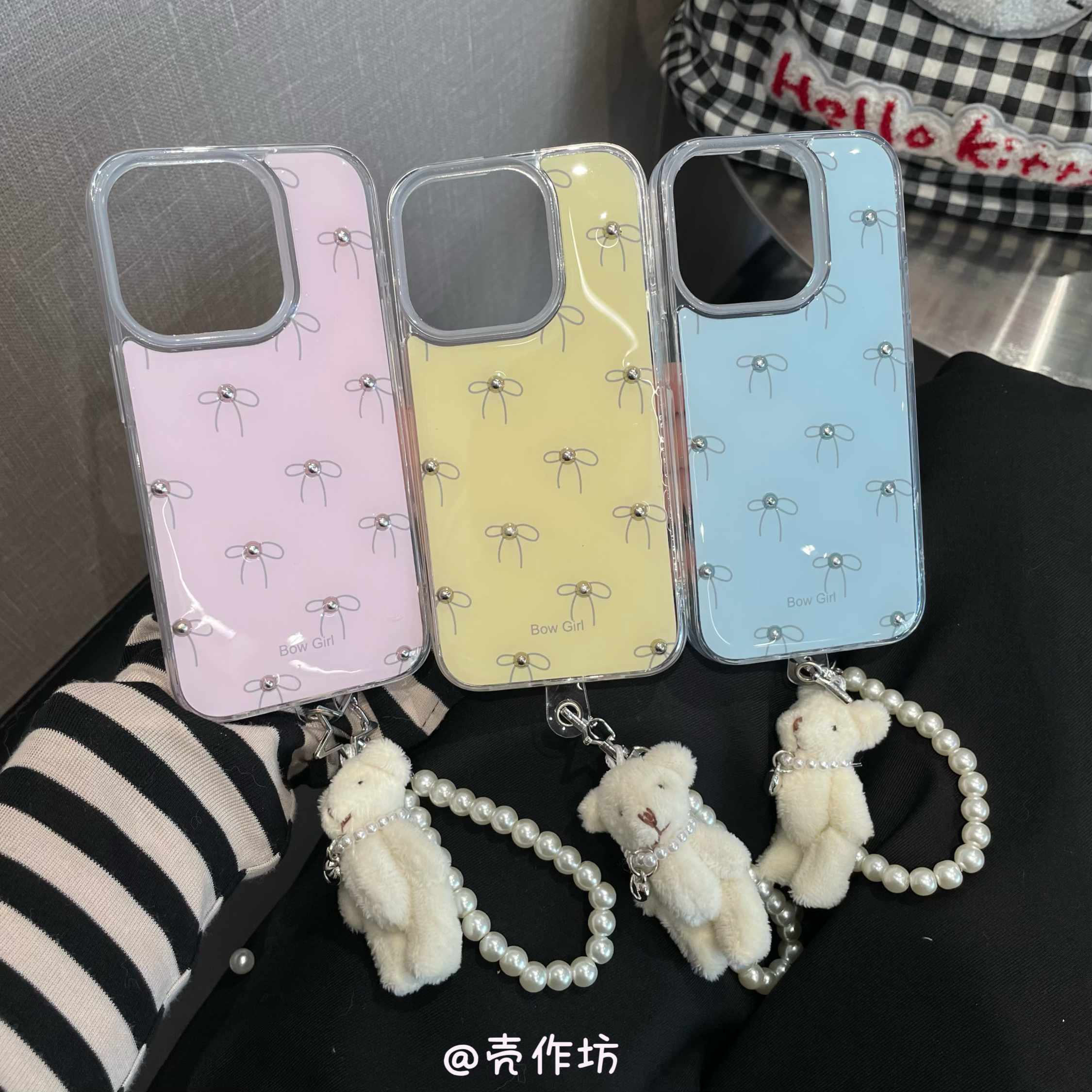 滴胶蝴蝶结小白熊挂链适用iPhone16promax/15/14手机壳创意可爱