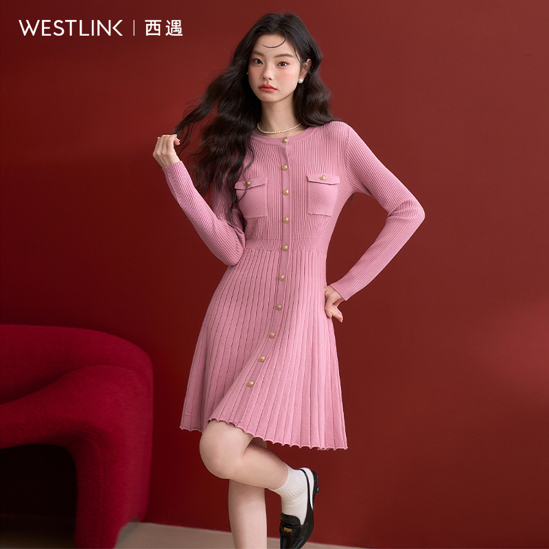 50010法式复古撞色小香风长袖连衣裙女2025春季设计感高弹内搭裙