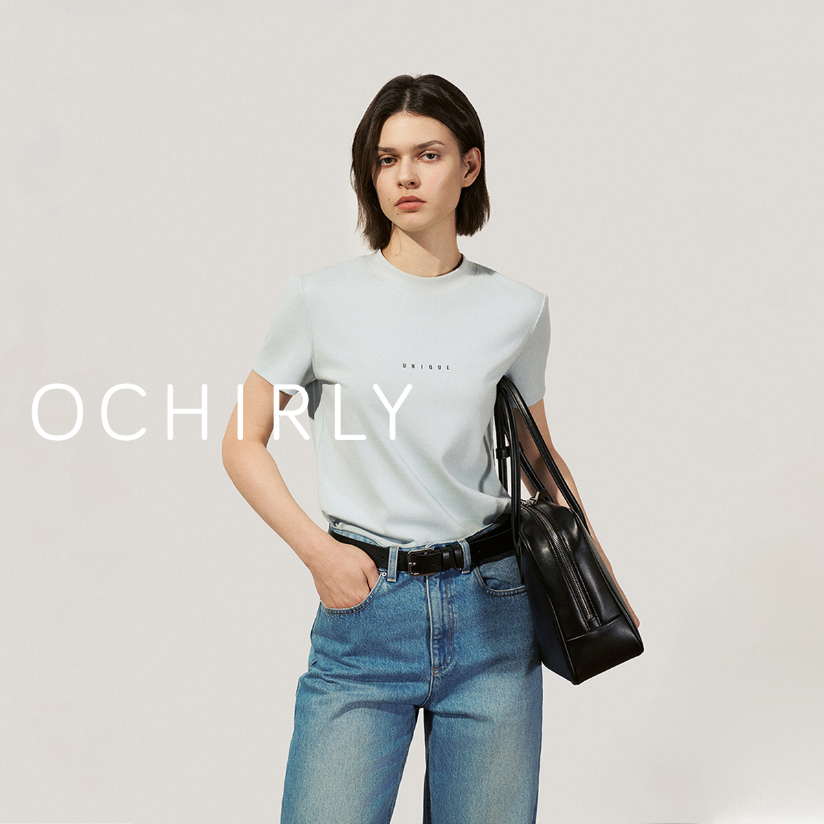 OCHIRLY欧时力 字母印花棉质短袖t恤女正肩气质时尚2025春季新品