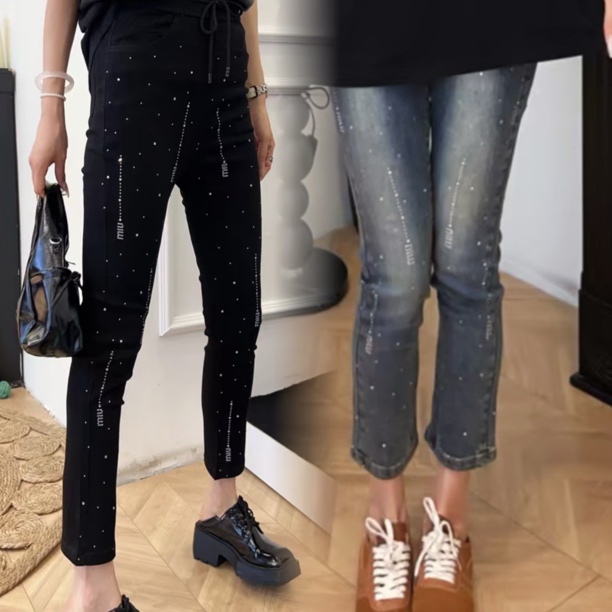 大码春秋九分烟管裤烫钻高弹铅笔裤女修身显瘦深色小脚牛仔裤轻奢