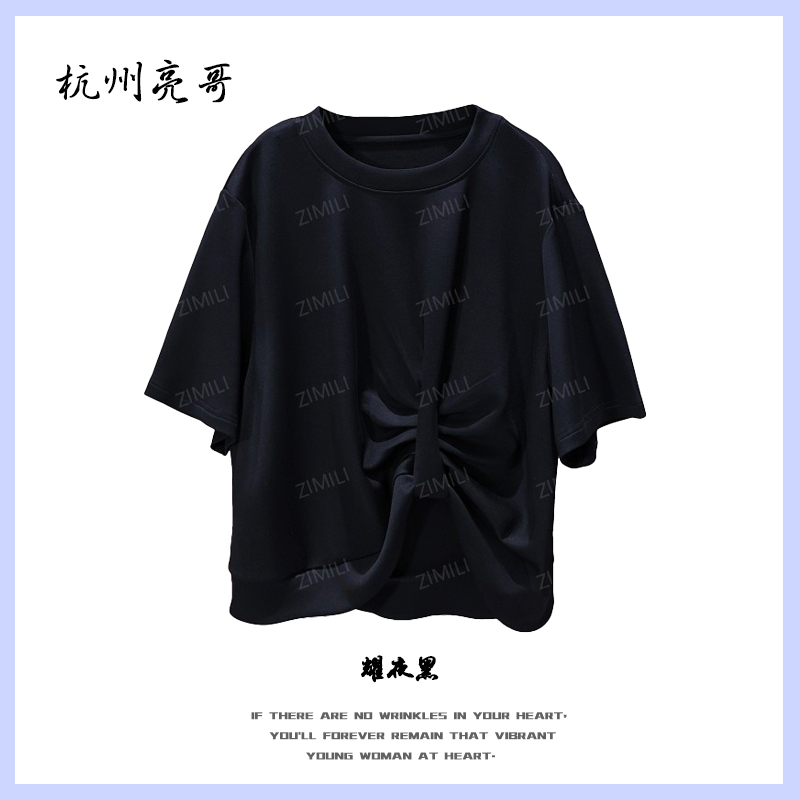 【亮哥女装】2025欧版时装周黑色缎面蝴蝶结休闲气质短袖9012-D4
