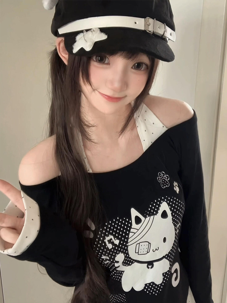 甜酷宅萌风猫咪露肩绑带长袖t恤女秋季修身显瘦假两件设计感上衣
