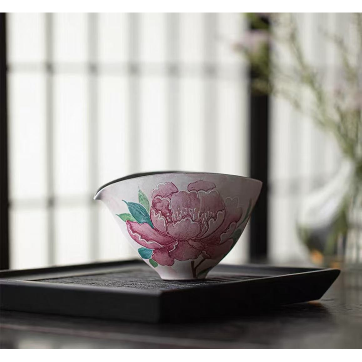 老岩泥白泥手绘富贵牡丹公道杯粗陶