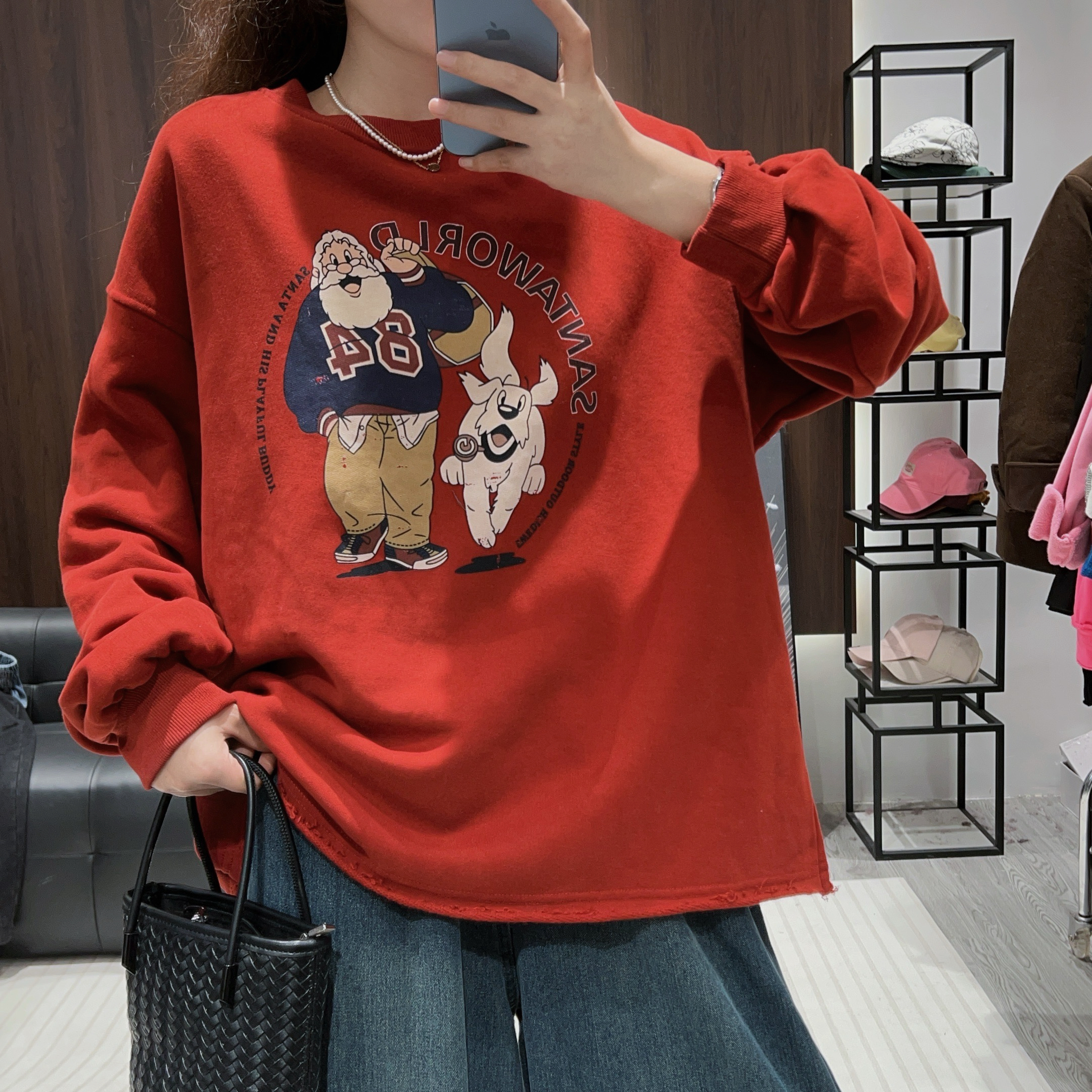 【圣诞老人】秋冬新款宽松扩版时尚套头卡通休闲毛边加绒长袖卫衣女