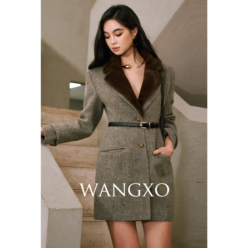 WANGXO可拆卸毛领气质全羊毛西装外套 257701W