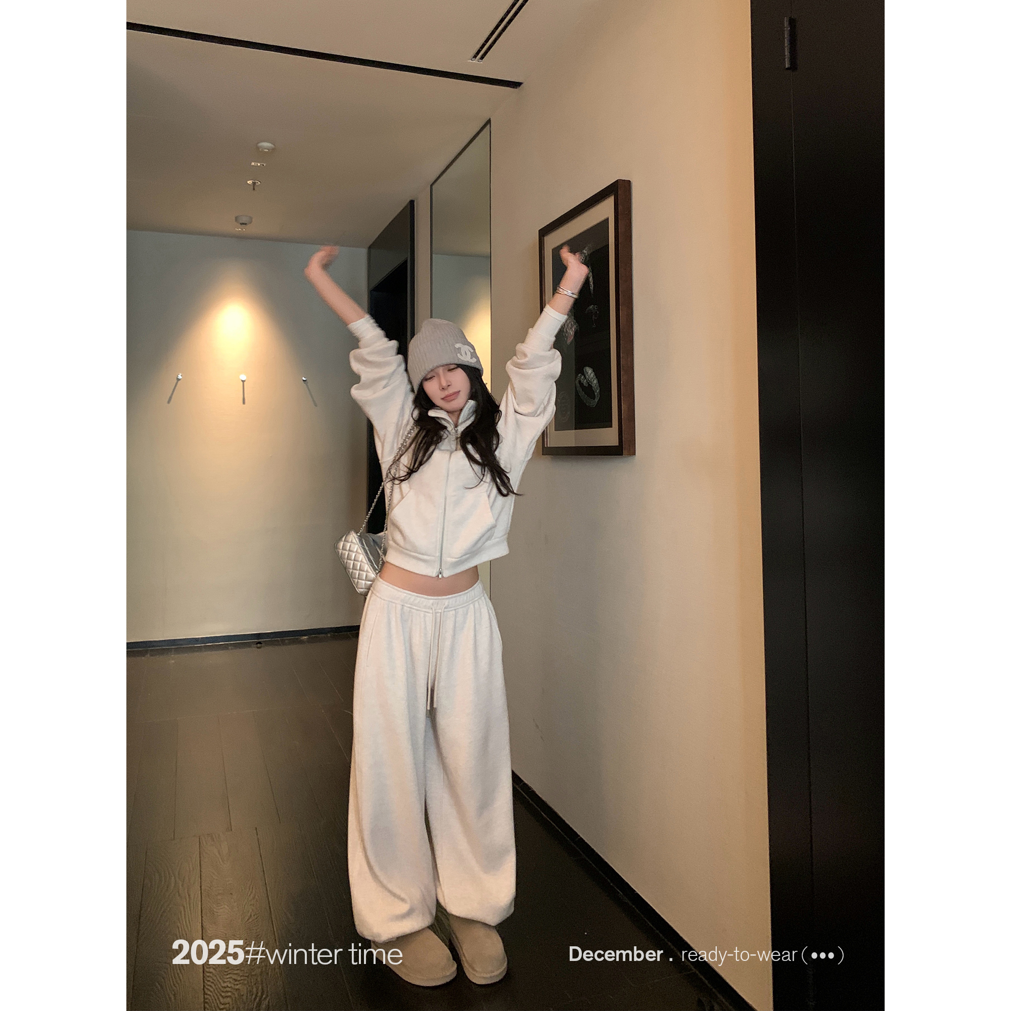 SUNONEONE 460g加绒立领落肩卫衣套装女冬开衫卫裤两件套H1722A