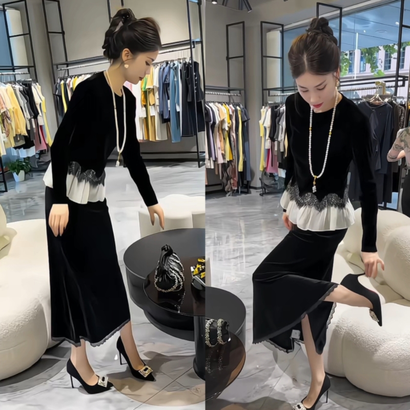 时尚套装裙女2025秋季新款高级名媛撞色蕾丝拼接丝绒上衣+半身裙