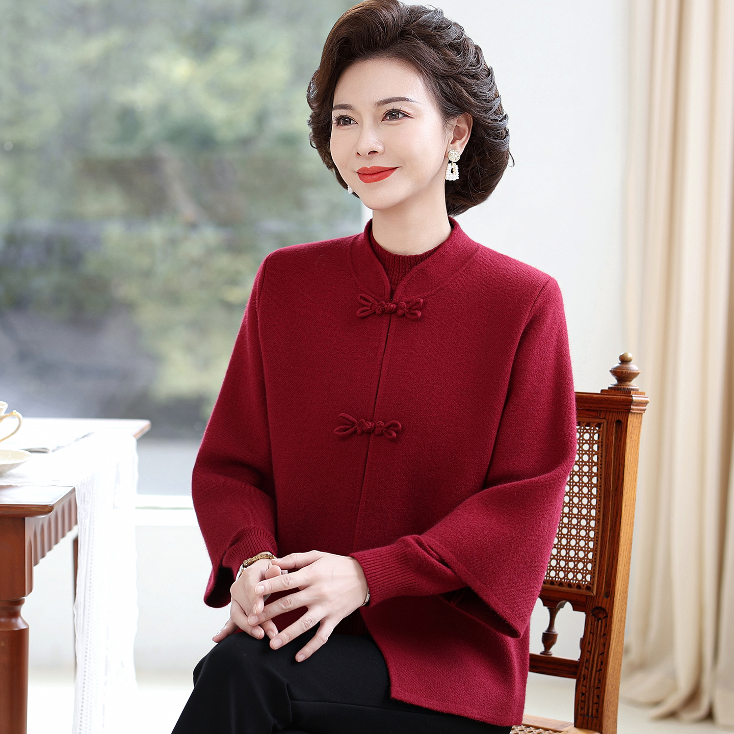 中老年女装国风喜妈妈秋冬新款针织两件套上衣毛衣开衫外套打底衫