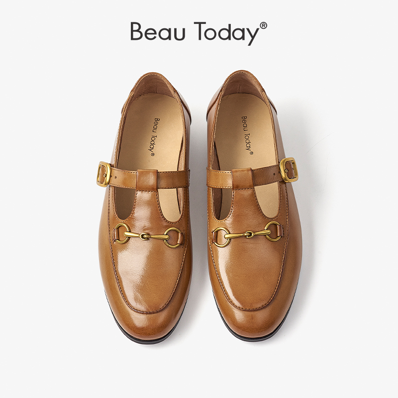 BeauToday圆头复古女鞋浅口时尚乐福鞋英伦风马衔扣装饰乐福鞋