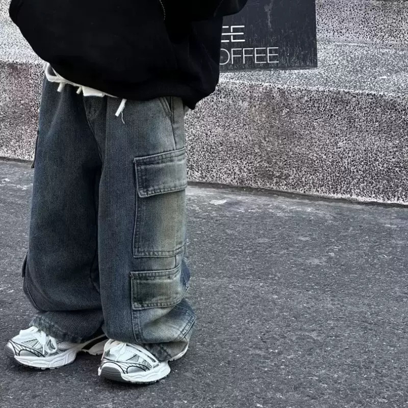 儿童男女秋冬加绒加厚牛仔裤新款一体绒时尚直筒阔腿裤宝宝裤子潮