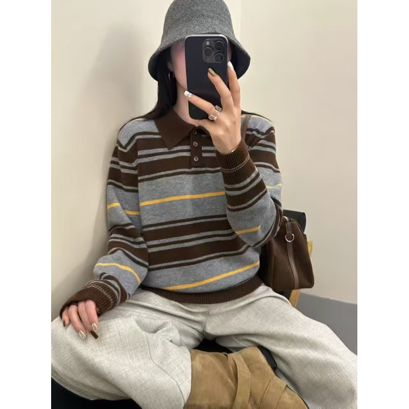 韩系方领条纹~亲肤舒适-遮肉舒适针织套头A628