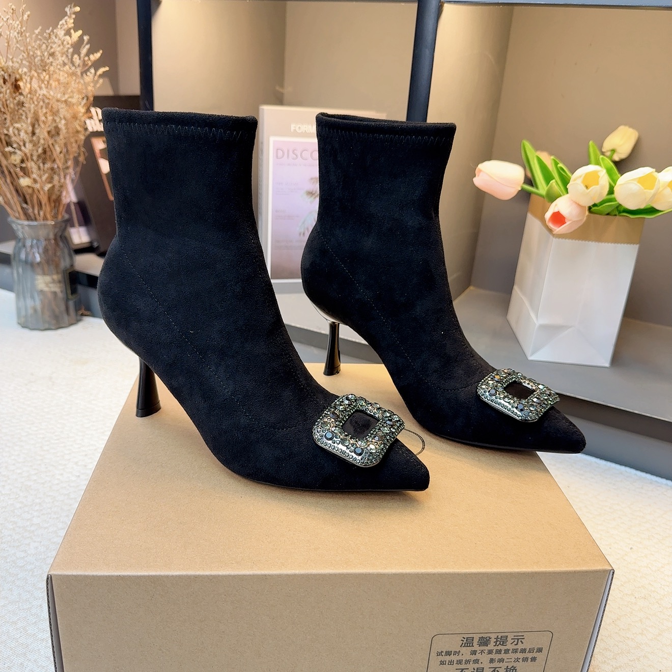 秋冬新款法式尖头中跟弹力靴黑色高跟靴子时尚欧美百搭瘦瘦靴