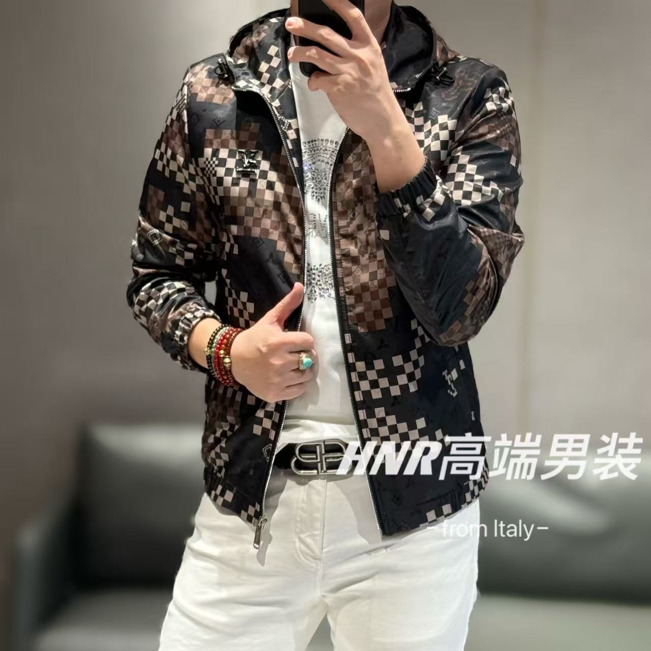 高端经典老花棋盘格纹拉链连帽春款小夹克5255