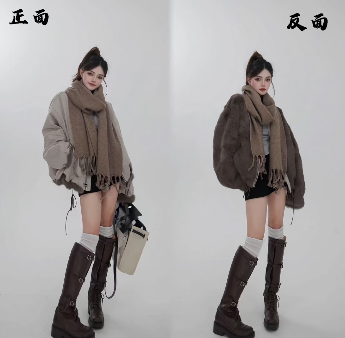 爆款暖阳休闲反季新款两面穿短款百搭纯欲慵懒风女装外套派克皮草