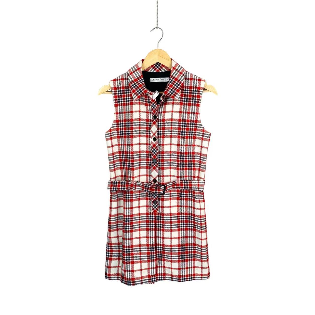95新 DIOR/迪奥  cc616 羊毛 红白格纹无袖连衣裙 36码