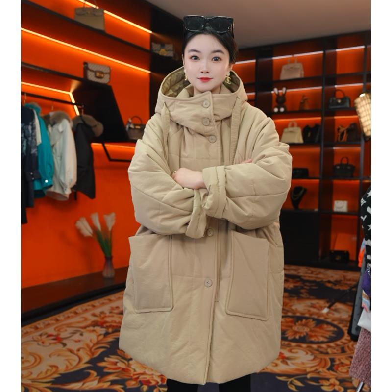 连帽中长款常规袖冬季宽松型棉服外套女装