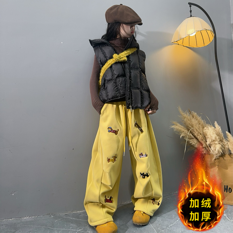 【毛妈潮牌】女童冬季加绒腊肠狗卫裤2025新款中大童加厚休闲两件套