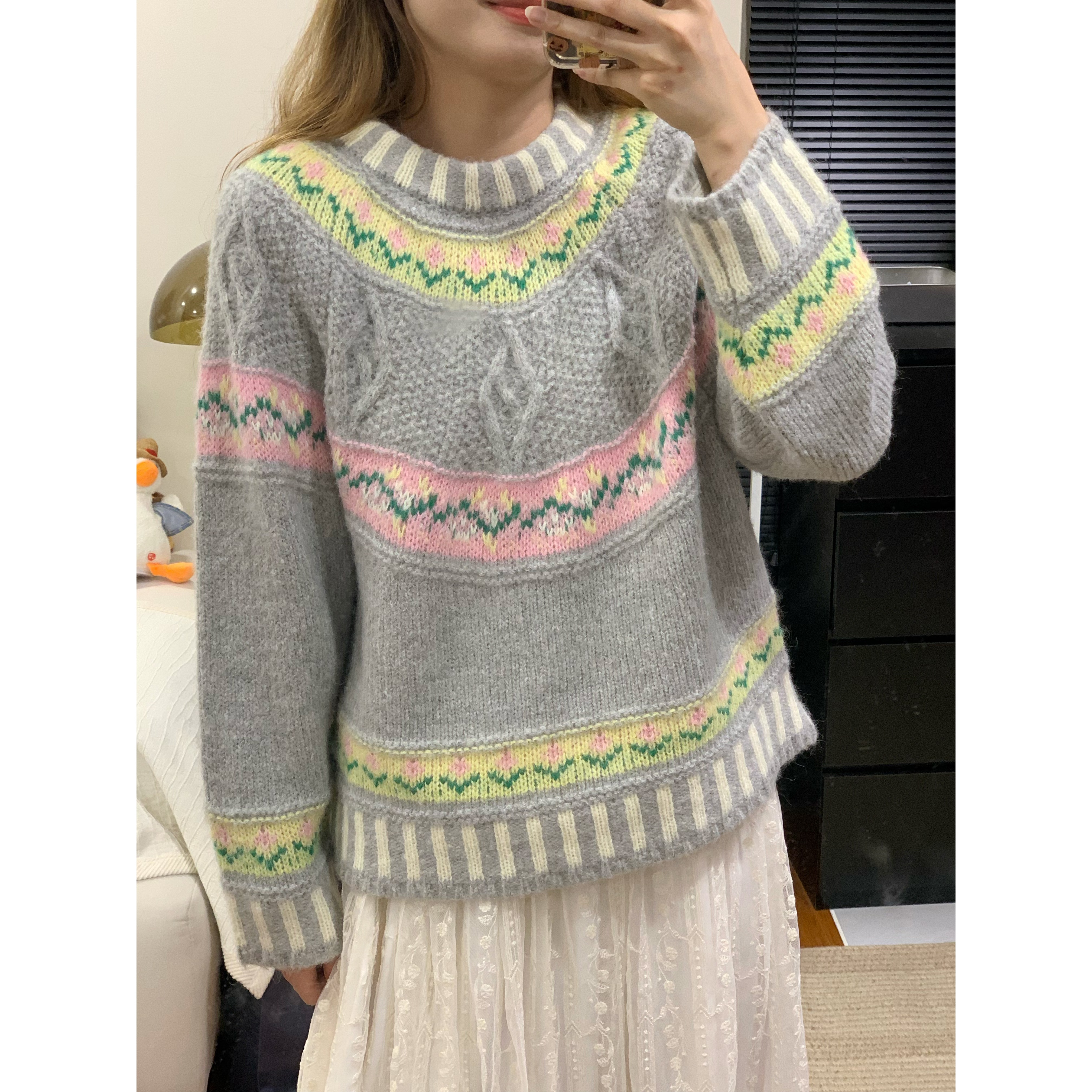 一颗晏 韩系慵懒复古小众撞色毛衣