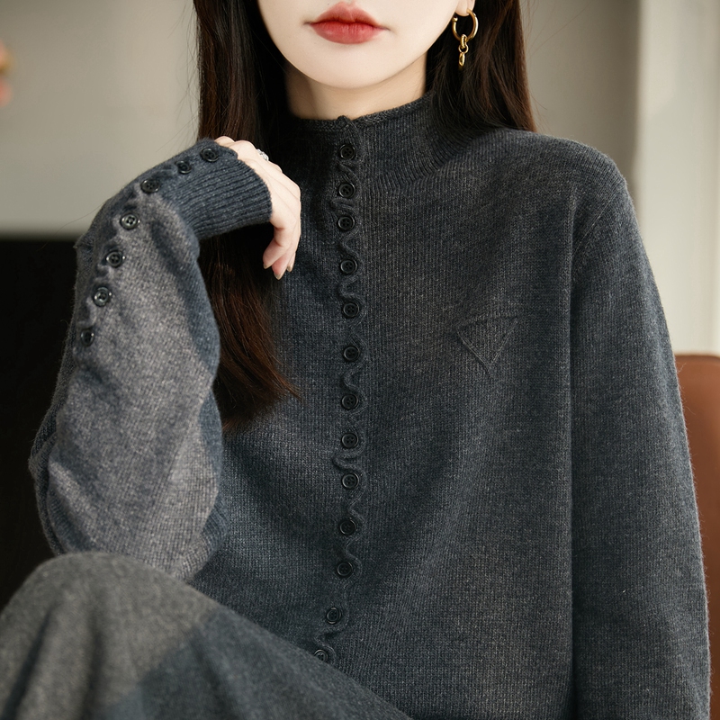 鄂尔斯市纯100羊毛衫女秋冬新款半高领多纽扣女士毛衣羊绒打底衫