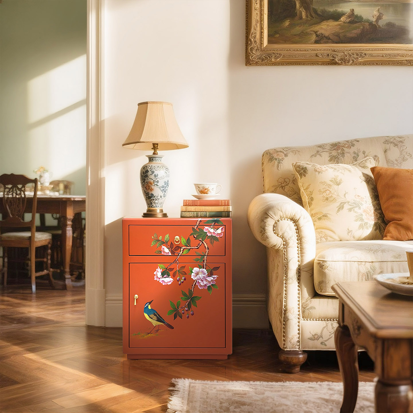 TT14新中式国风古典手绘花鸟边柜玄关柜 55*38*71cm