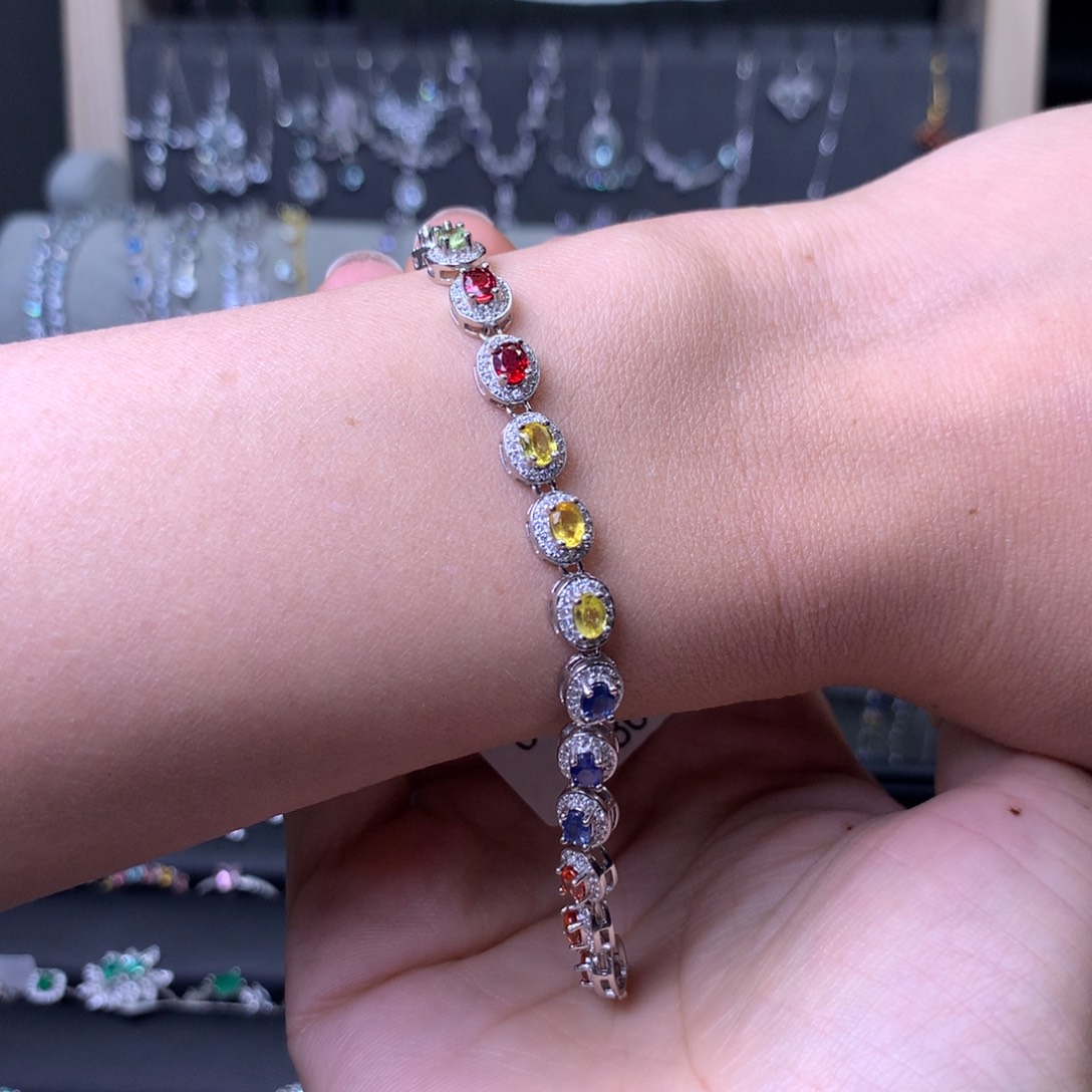 彩色蓝宝石手链银S925镶嵌