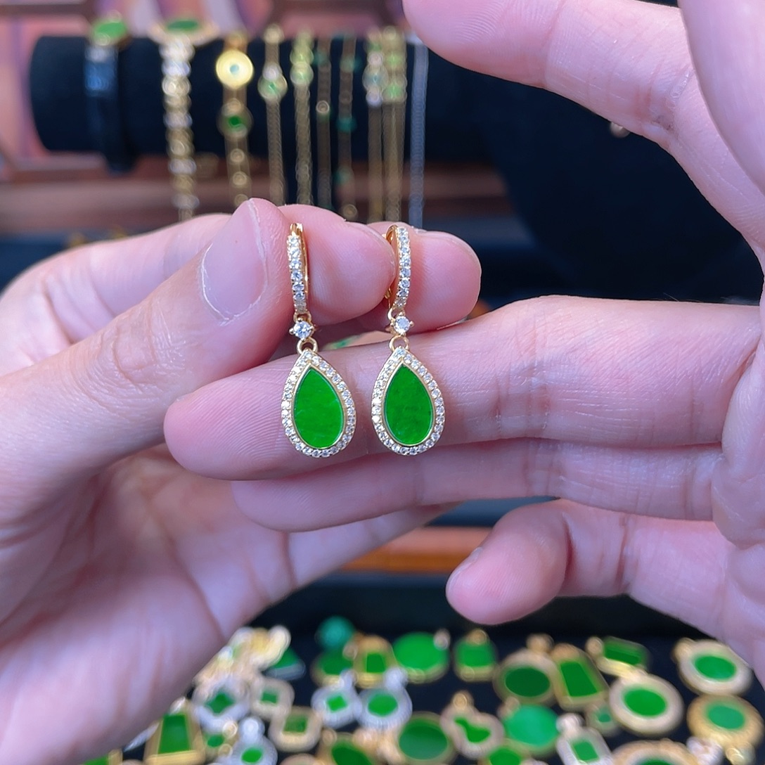 翡翠银S925镀金镶嵌耳饰