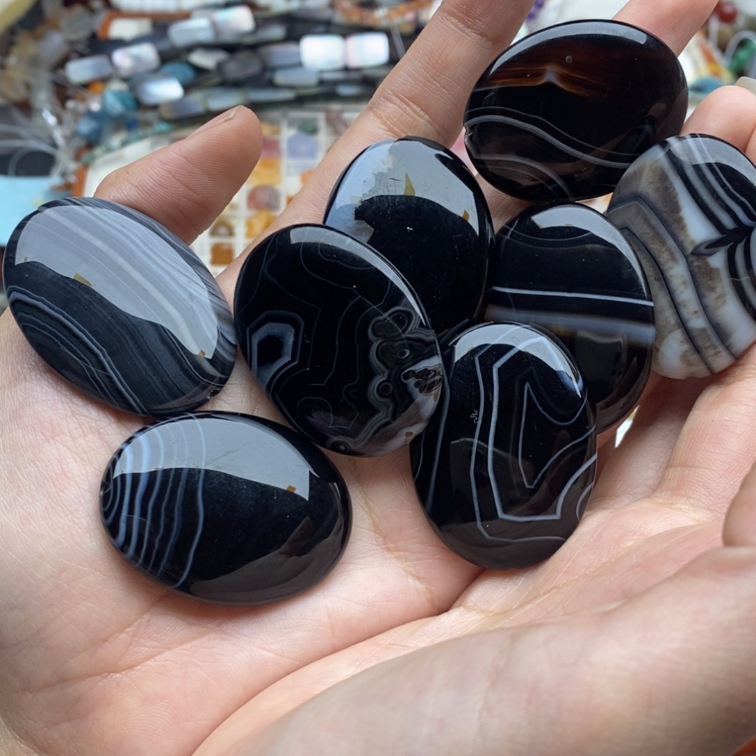 玛瑙/玉髓未镶嵌珠宝半成品三个装纯天然蚕丝黑玛瑙椭圆30X40mm