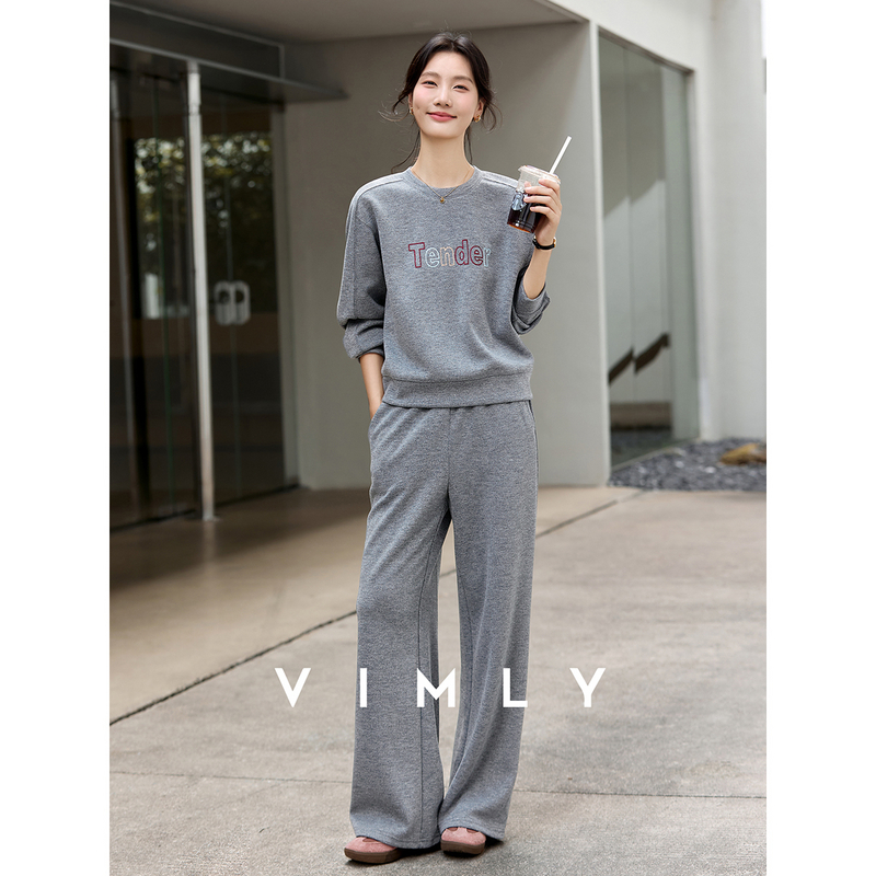 梵希蔓灰色字母刺绣运动套装女秋圆领卫衣阔腿长裤两件套A2221