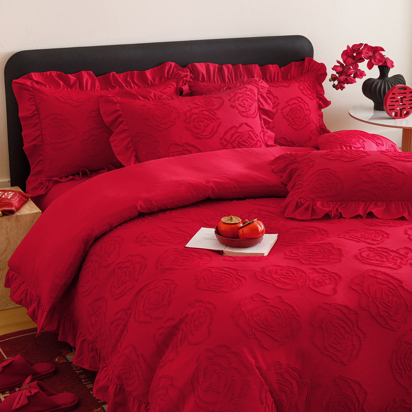 高档剪花结婚床上四件套婚庆大红色非纯棉全棉被套新婚房喜被床单