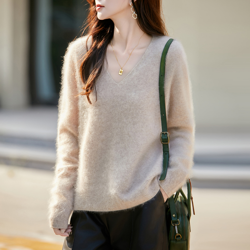 百搭单品~秋冬新款拉毛无缝V领羊毛衫女毛衣百搭针织衫