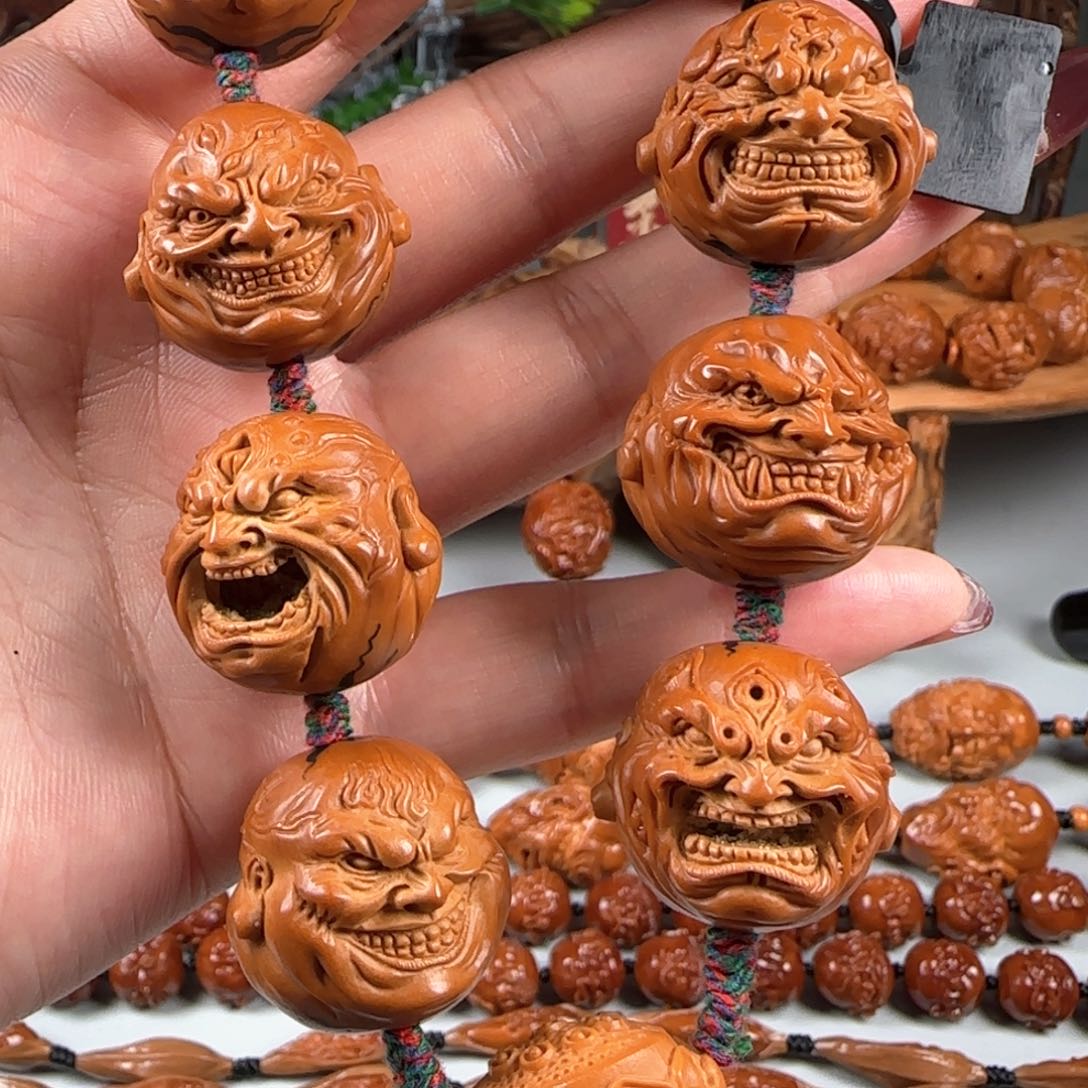 橄榄核手串/手链宽2.5梅林鸡血红核火焰纹身双面佛爷恶僧