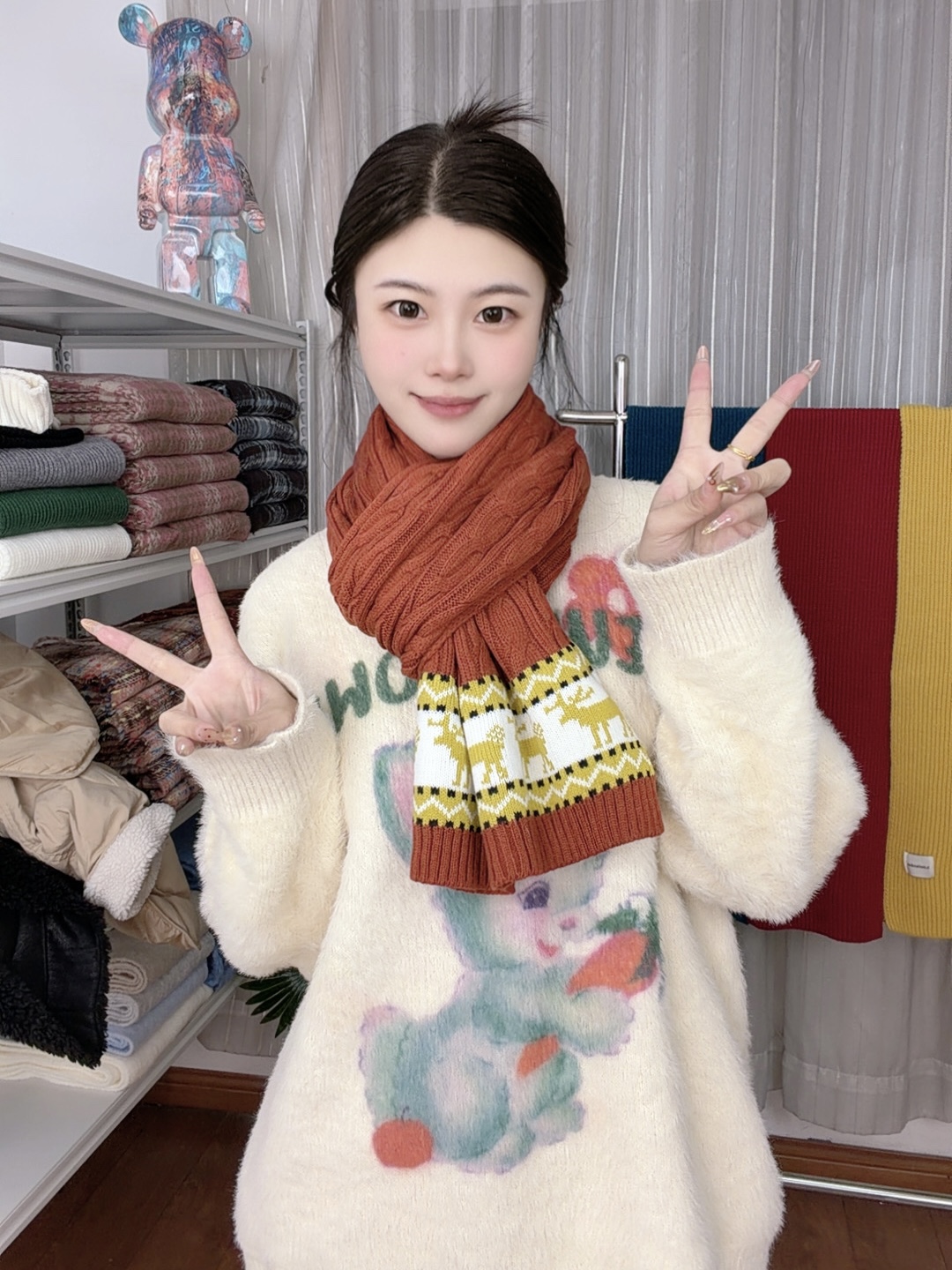 新款百搭针织保暖围巾女费尔岛风秋冬氛围感复古高级情侣围脖潮