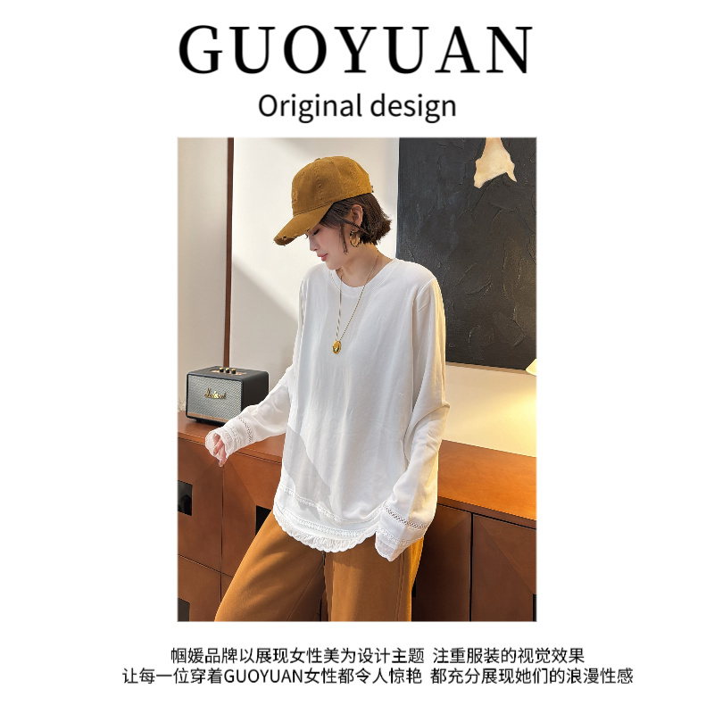 GUOYUAN “加绒圆领镂空刺绣白色衬衫长袖t恤时髦感洋气上衣 SY861