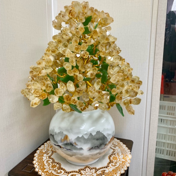 【晶之运原创高品】蒸蒸日上黄水晶发财树摆件手工编织中古创意简约