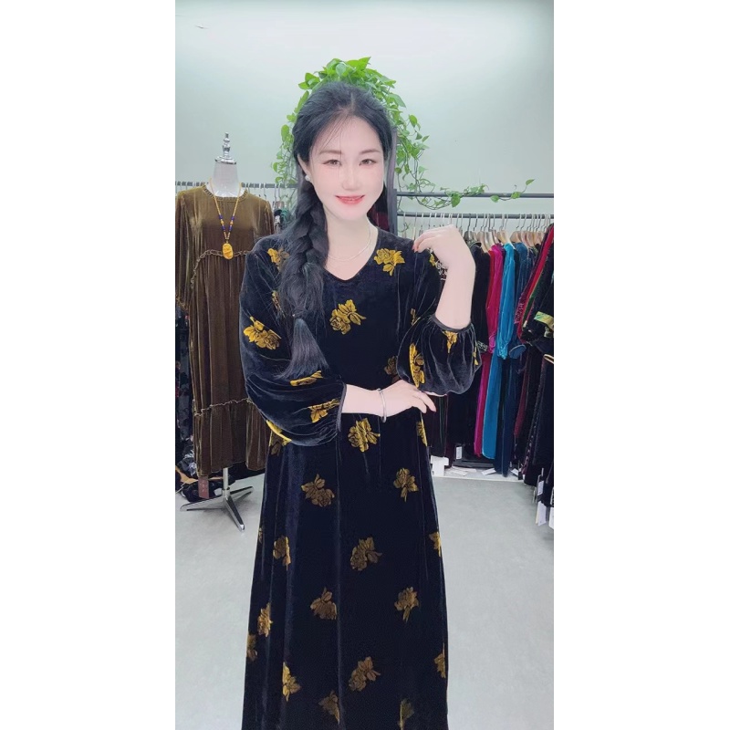 中老年桑蚕丝银花086-1连衣裙大码高端时尚